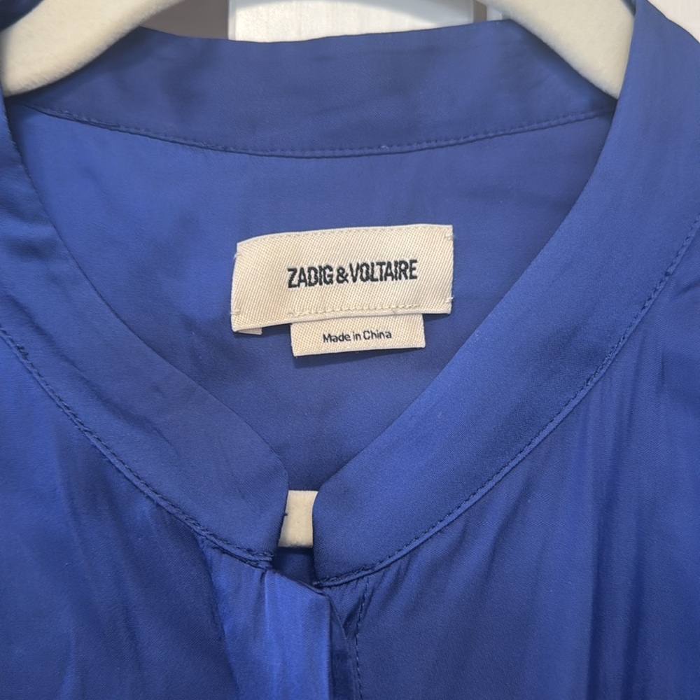 Zadig & Voltaire Touchy Satin Blouse XS Blue Rhinestone Cuff Button Up Silky - Picture 6 of 7